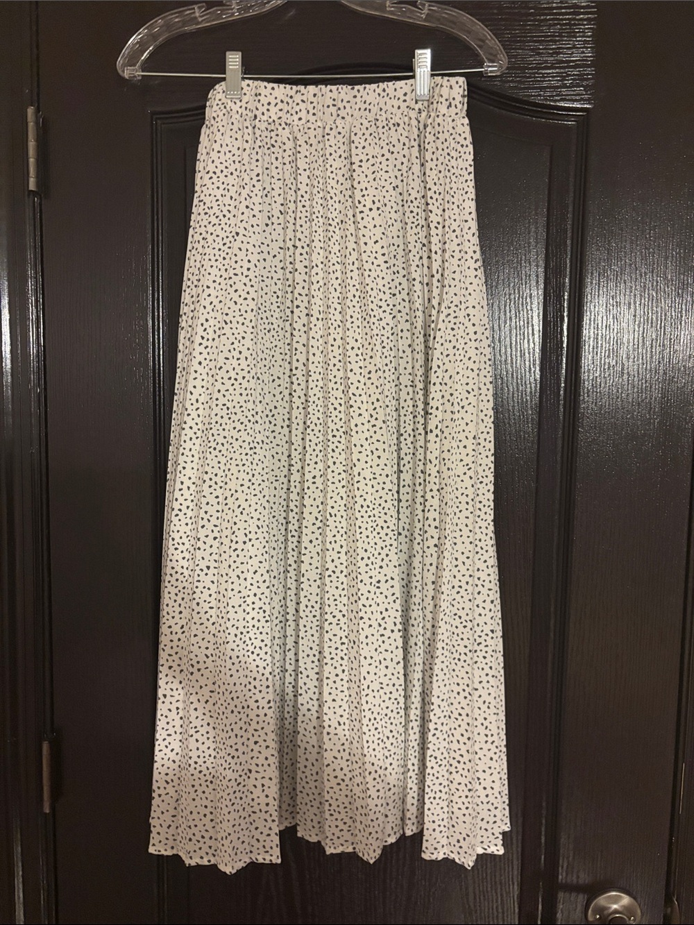 Cream Pleated Midi Skirt with Black Dot Print